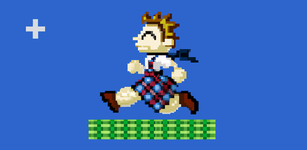 Cartoon depiction of a video-game character wearing a kilt, running in a Mario-style square discretised grid-world.